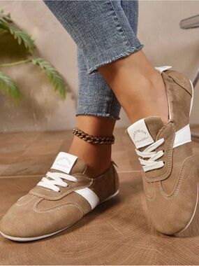 Casual Taupe Suede Sneakers with White Accent -